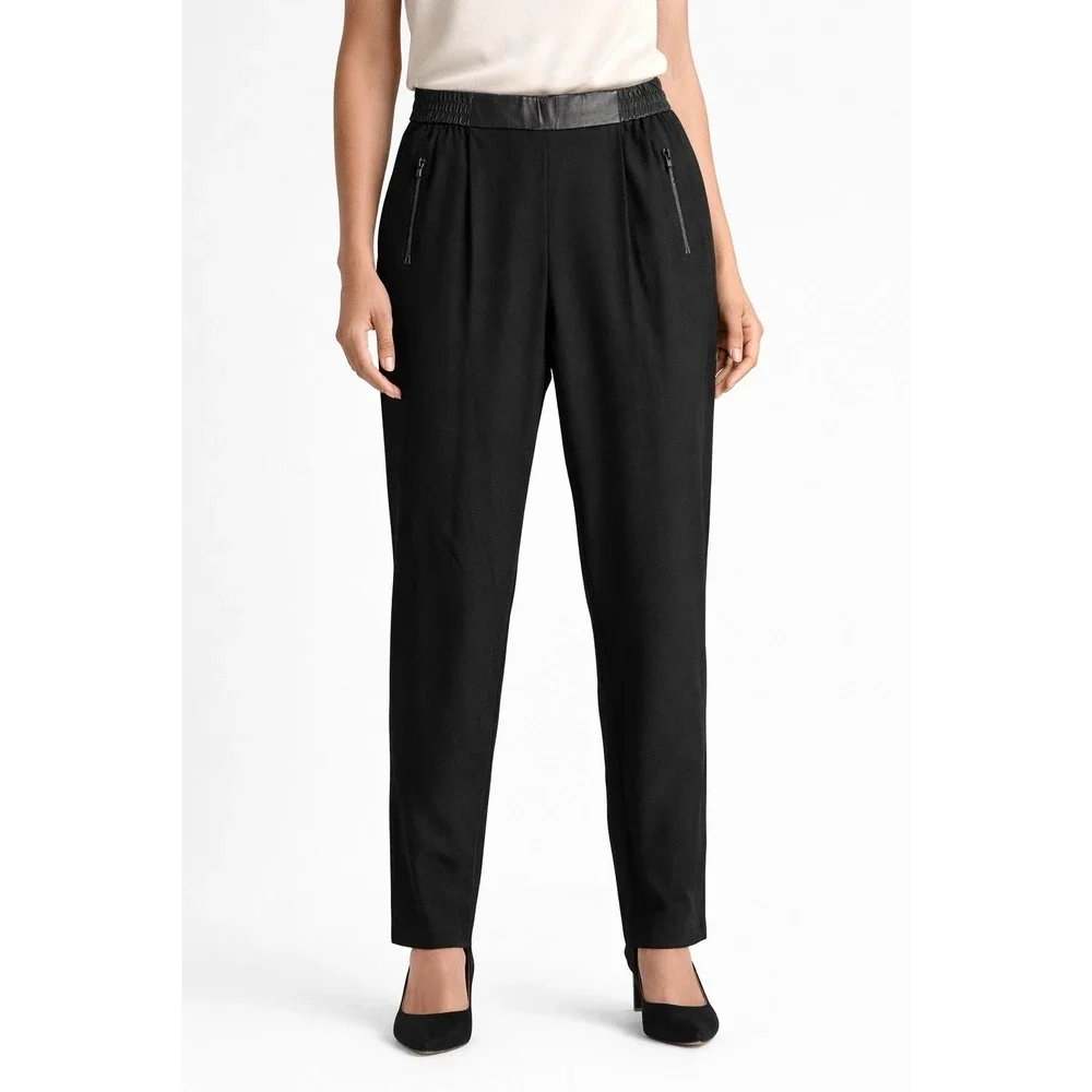 Akris Punto Pants Womens 6‎ Black Wool Faux Leather Trim Elastic Waist Tapered